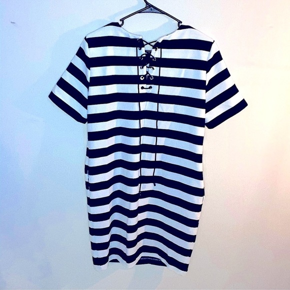 FRNCH Nautical Classics Ladies Stripe Boxy Tee Dress Black white size M pocket - Picture 4 of 9